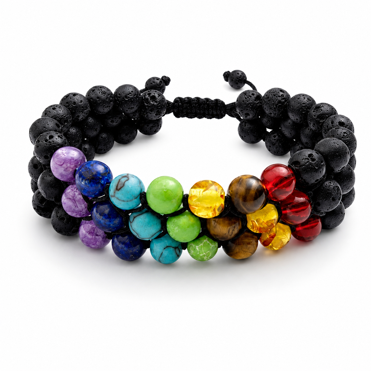 A multi-strand chakra bracelet featuring black lava stone beads on the outer layers, a black cord closure, and a center band of polished rainbow-colored beads including purple, blue, green, yellow, brown, and red, displayed on a clean white background.