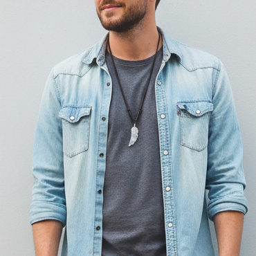 Man wearing a light blue denim jacket, gray t-shirt, black jeans, and black sneakers against a light gray wall.