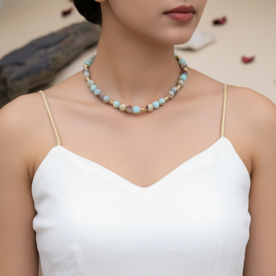 Woman wearing a beaded necklace with a blurred background