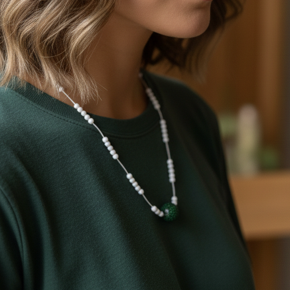 Woman with wavy hair wearing a green top and necklace in an indoor setting