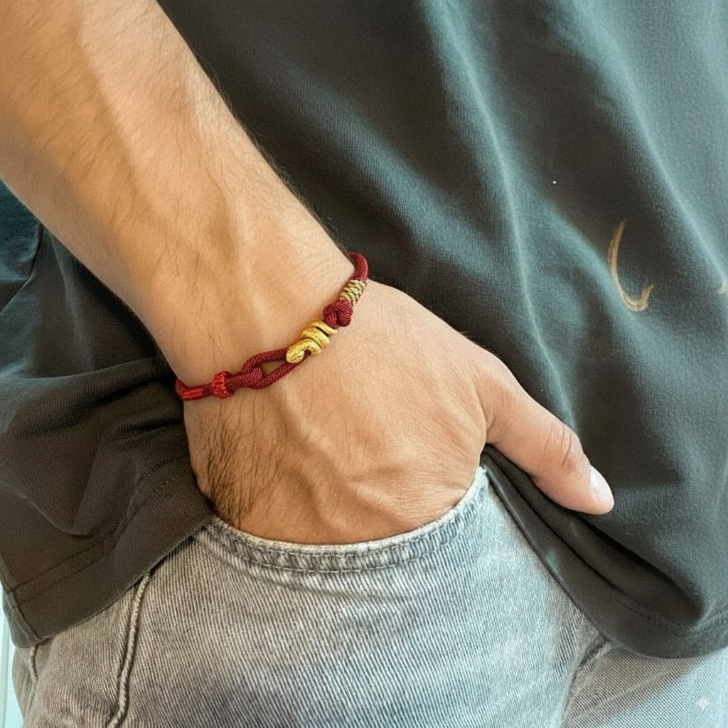 Person wearing a red and gold bracelet on a casual outfit