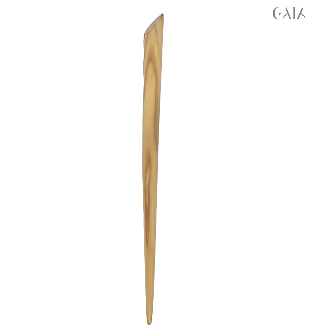 Hand-carved olive wood hair stick with natural grain, designed as a lightweight, elegant leaf for securing hairstyles.