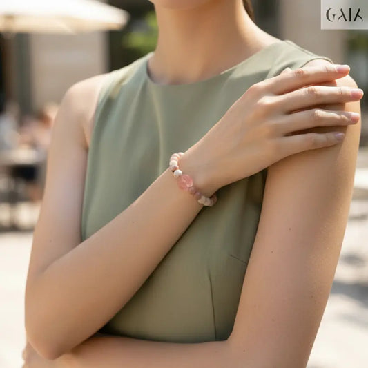 Person wearing a green sleeveless top with a blurred outdoor background