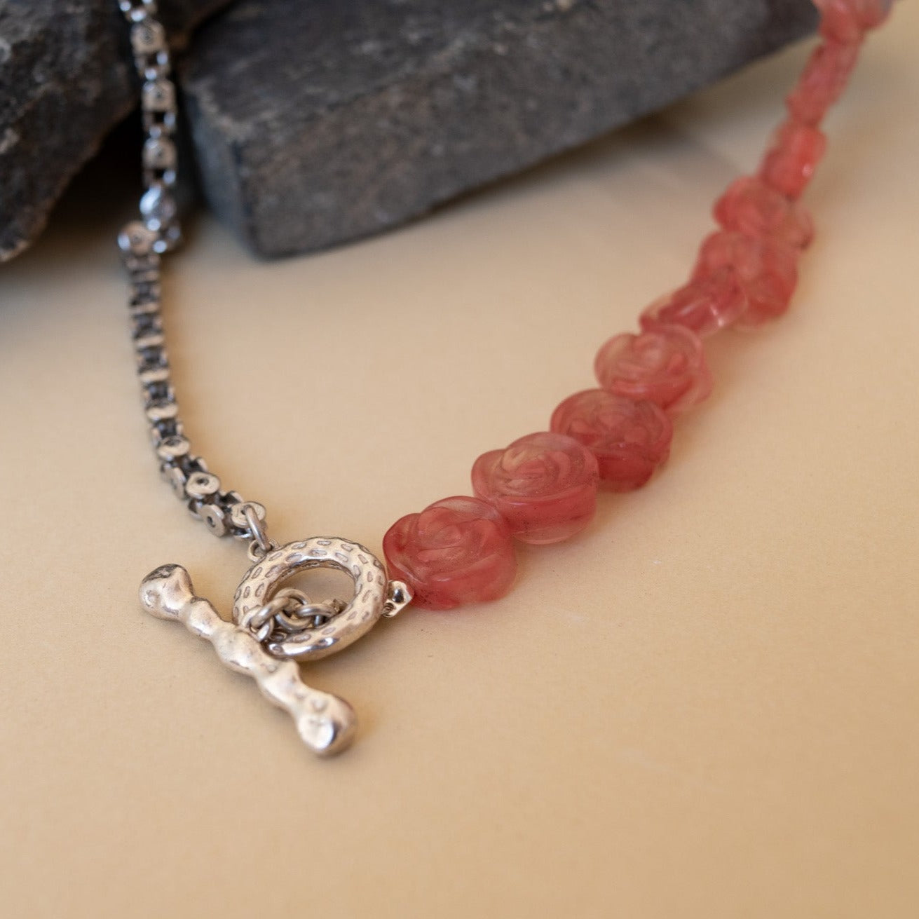 Raw rose quartz necklace