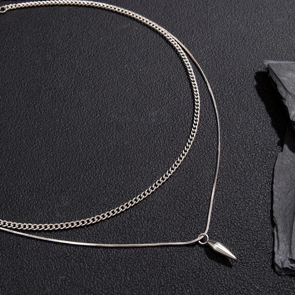 Men's Stainless Steel Double Layer Necklace Necklace with sleek conical pendant for a modern, hip-hop style.