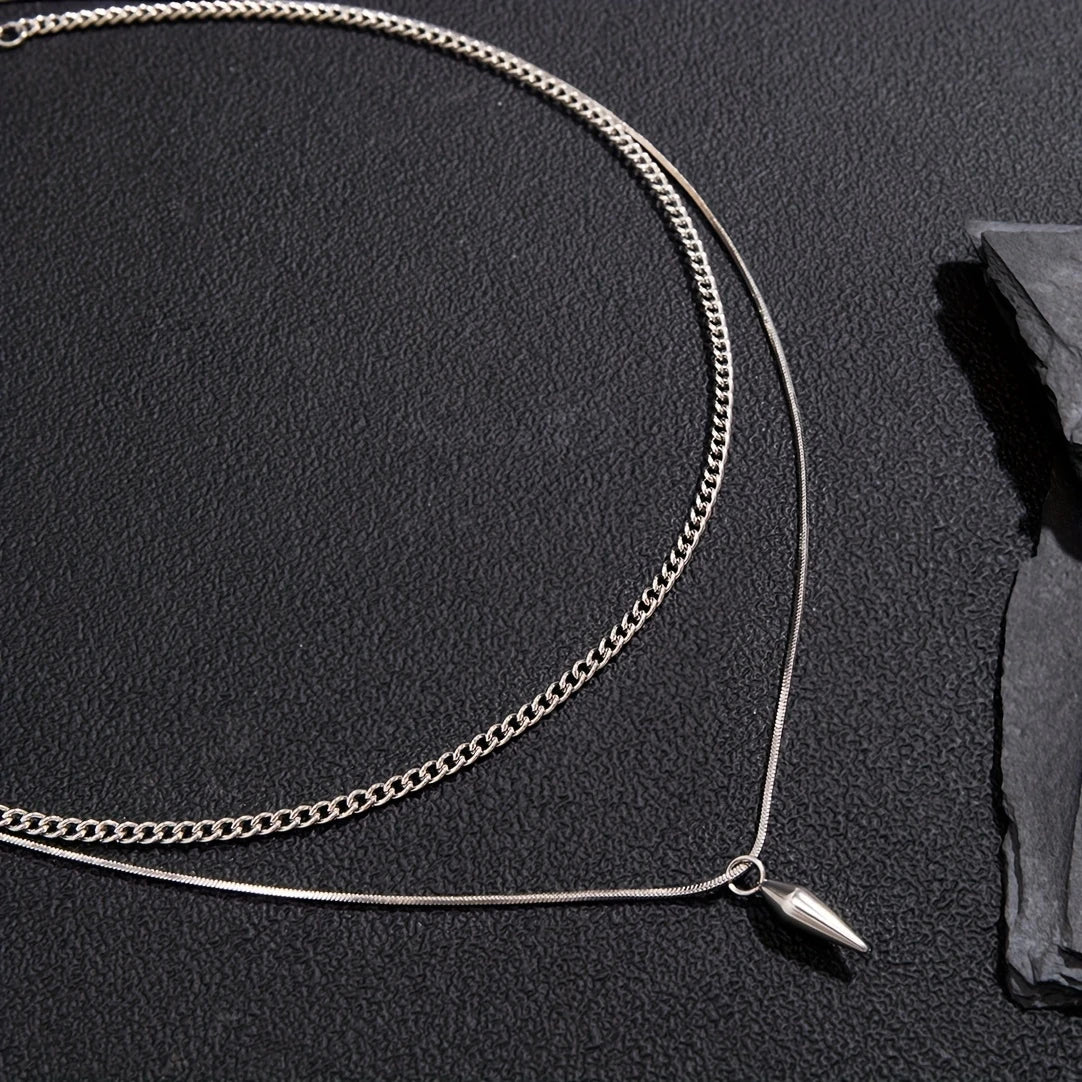 Men's Stainless Steel Double Layer Necklace Necklace with sleek conical pendant for a modern, hip-hop style.