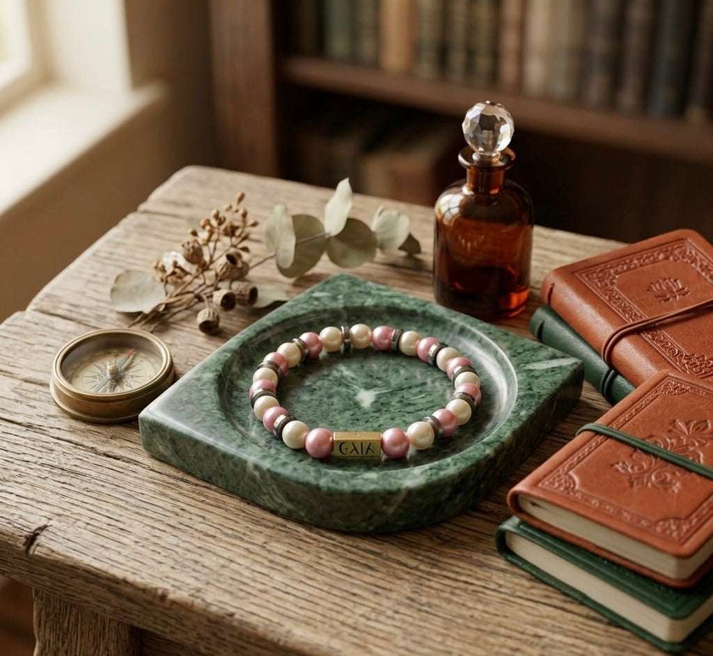 Bracelet on a green stone dish with books and a bottle on a wooden table