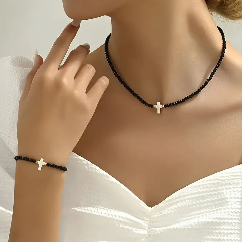 Necklace + Bracelet Minimalist Cross Jewelry Set