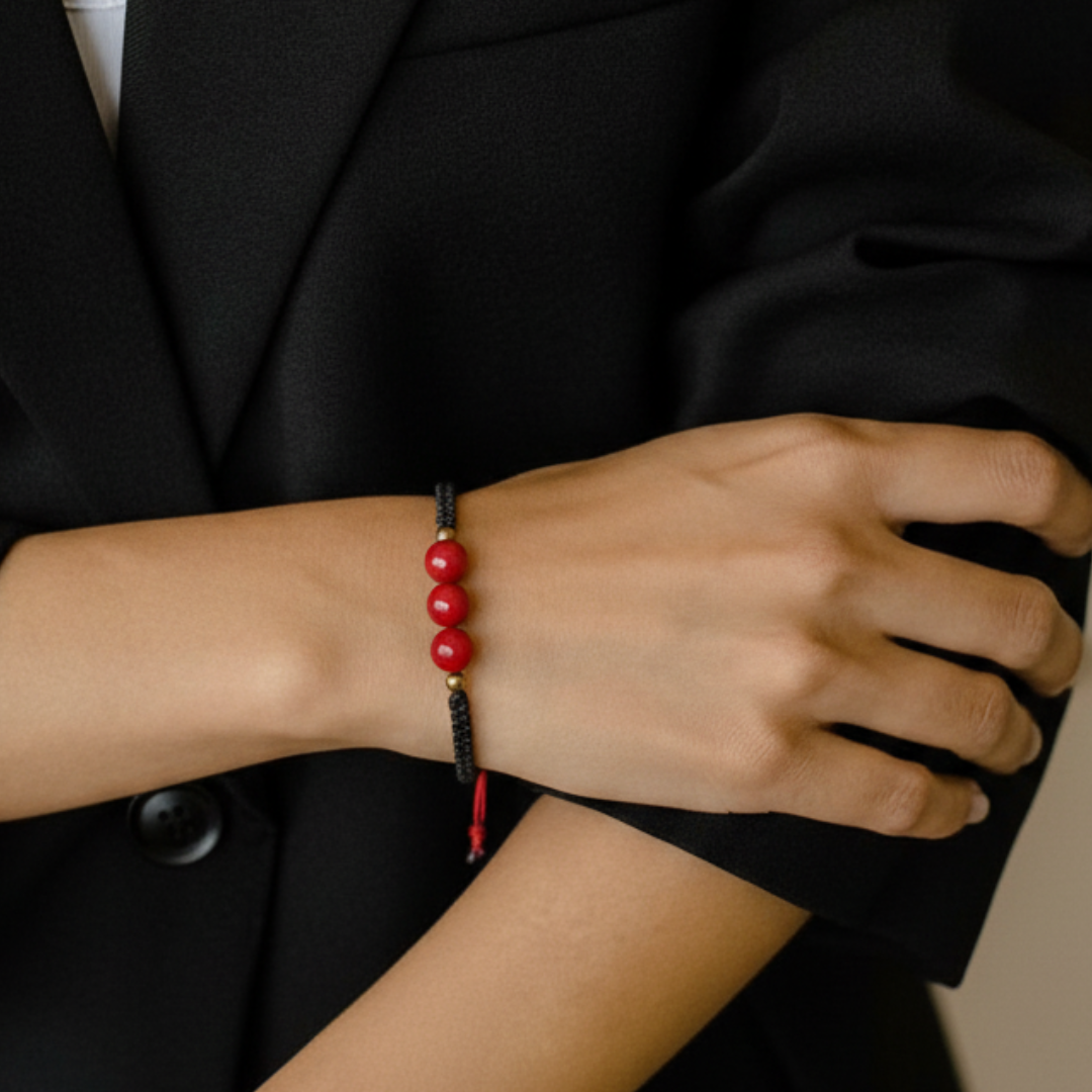 Person wearing a black blazer with a red beaded bracelet on a neutral background