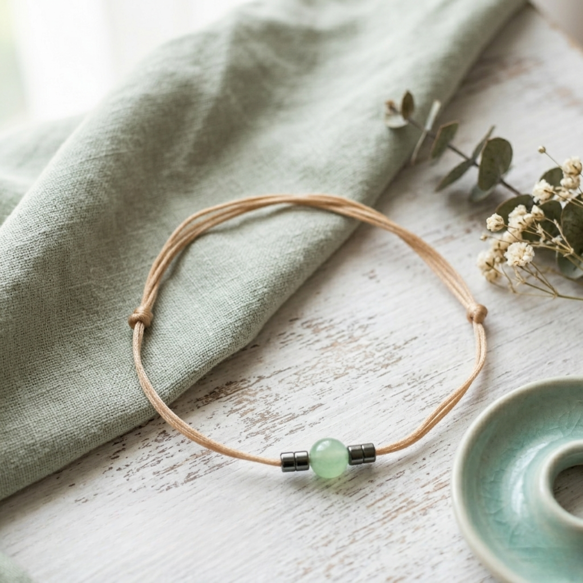 Bracelet with a green bead on a wooden surface with a cloth and small plant