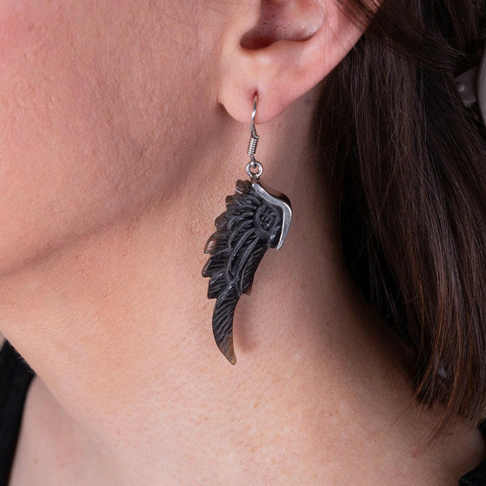 Hand-carved black buffalo horns wing-shaped earrings framed with sterling silver or 18K gold plated 