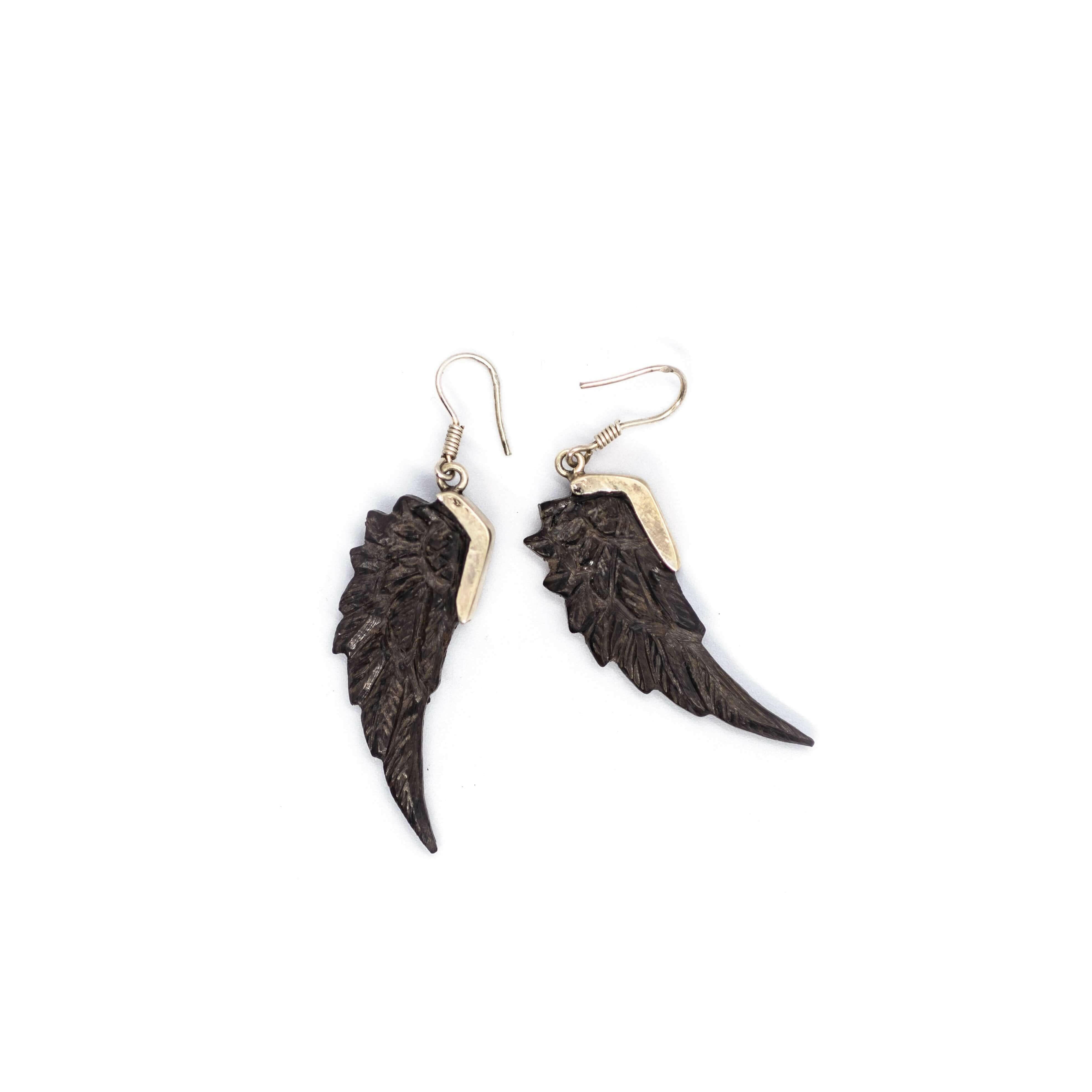 Hand-carved black buffalo horns wing-shaped earrings framed with sterling silver or 18K gold plated 