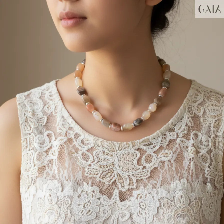 Necklace with natural stones worn by a person in a lace top against a neutral background