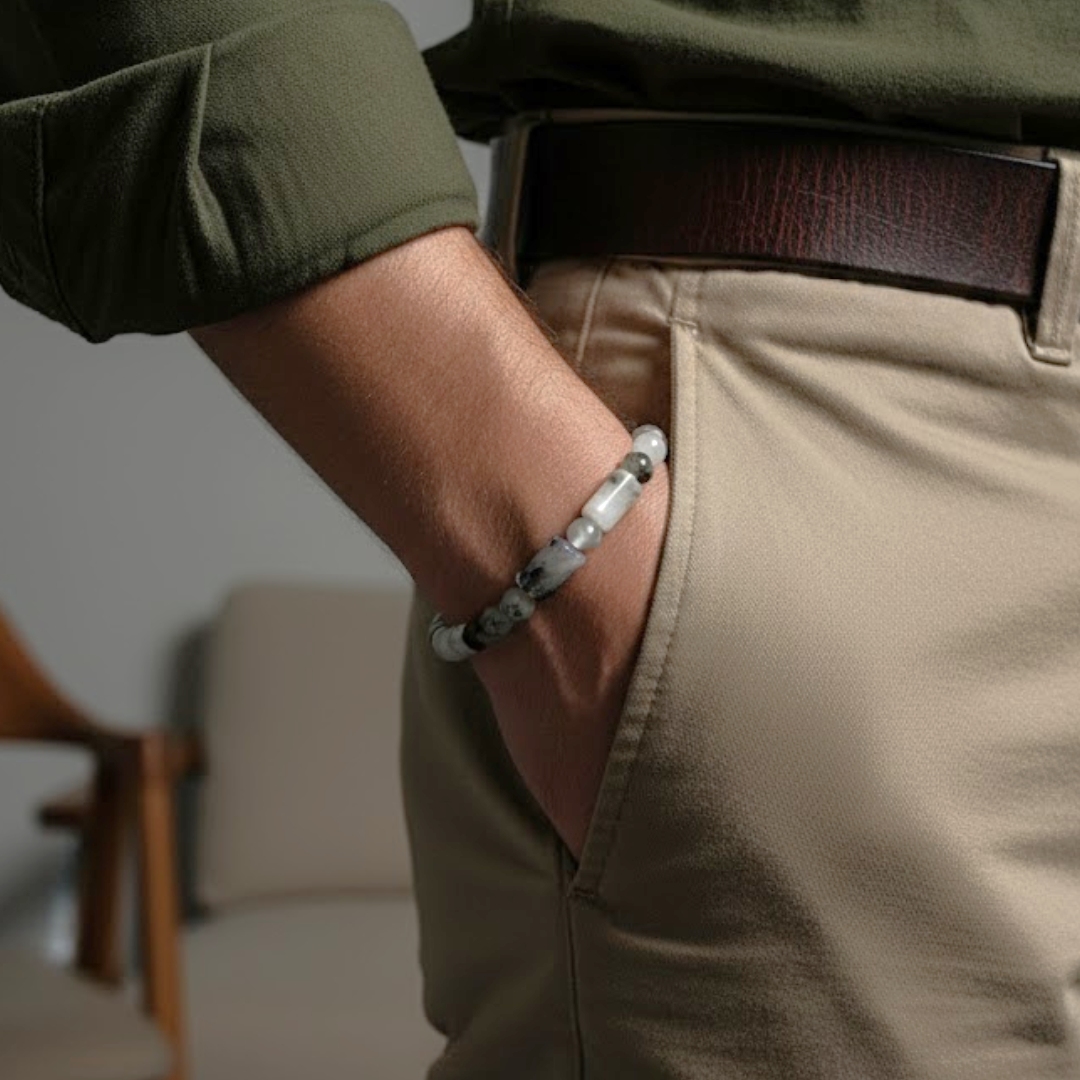 Person wearing a bracelet with a blurred background