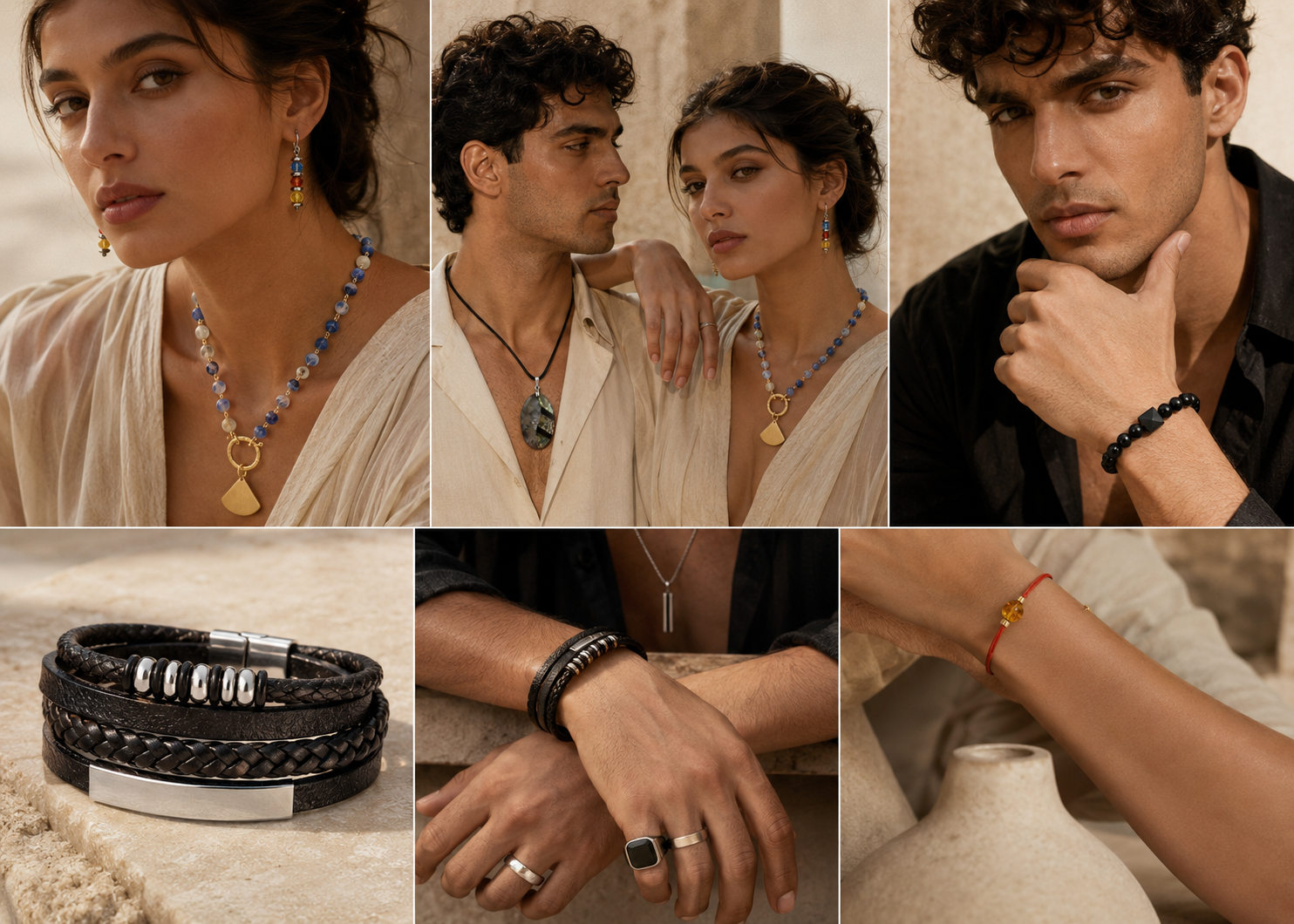 Men and women wearing GAIA necklaces, bracelets, rings and earrings