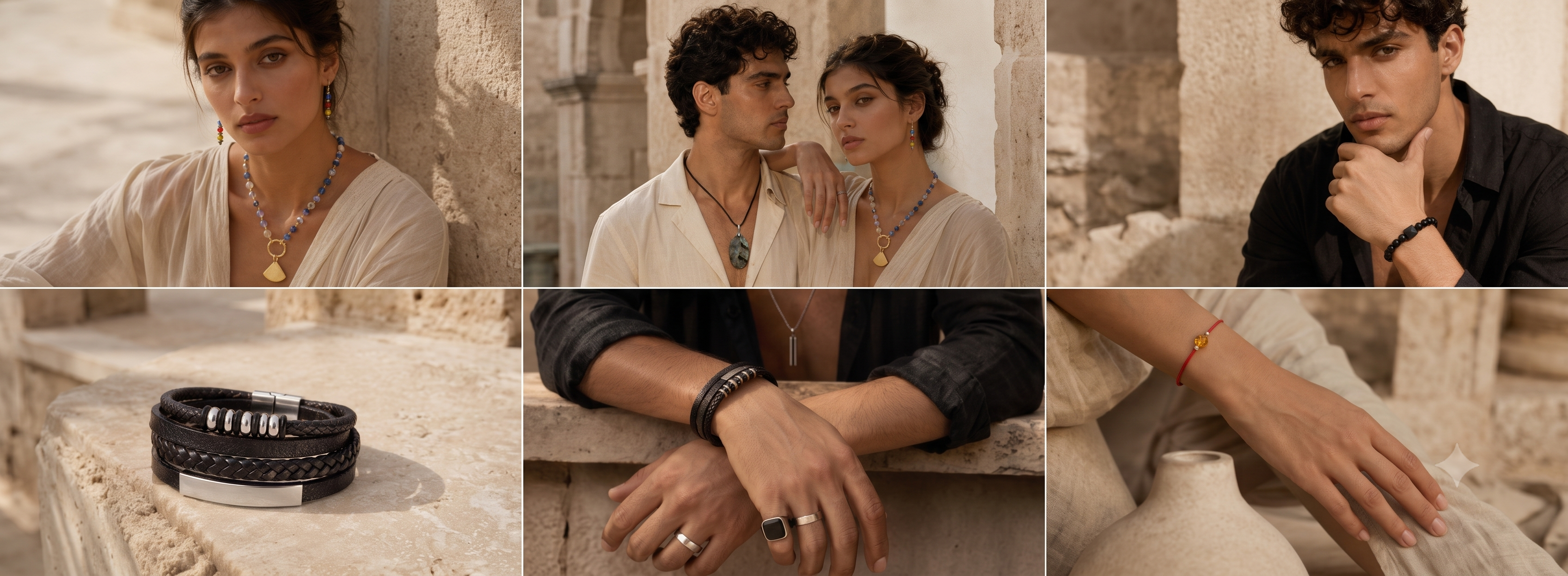 Men and women wearing GAIA necklaces, bracelets, rings and earrings