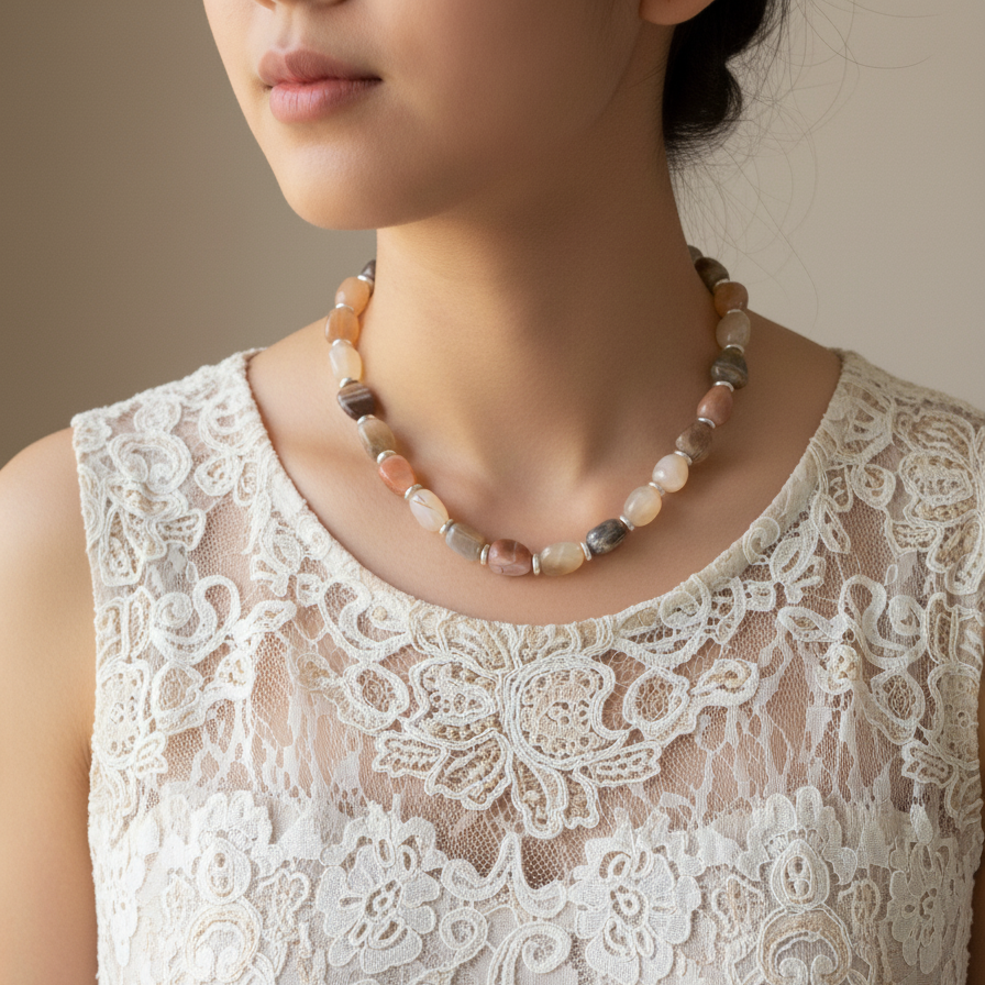 Necklace with natural stones worn by a person in a lace top against a neutral background