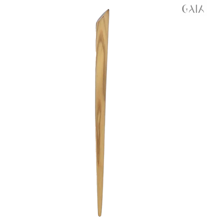 Hand-carved olive wood hair stick with natural grain, designed as a lightweight, elegant leaf for securing hairstyles.