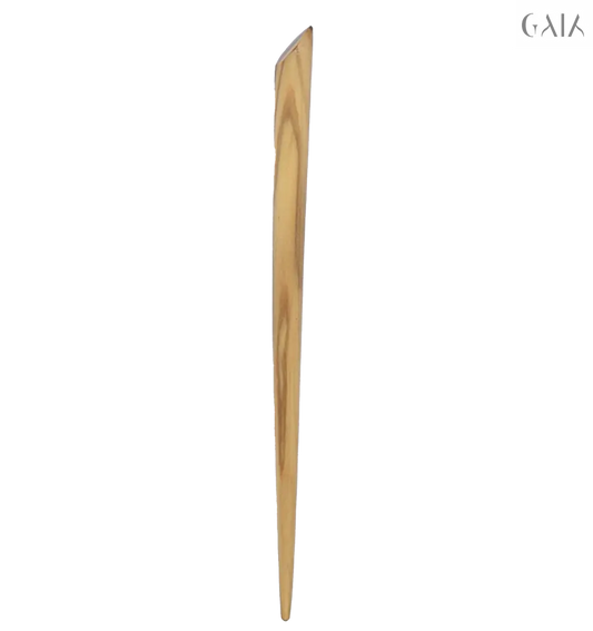 Hand-carved olive wood hair stick with natural grain, designed as a lightweight, elegant leaf for securing hairstyles.