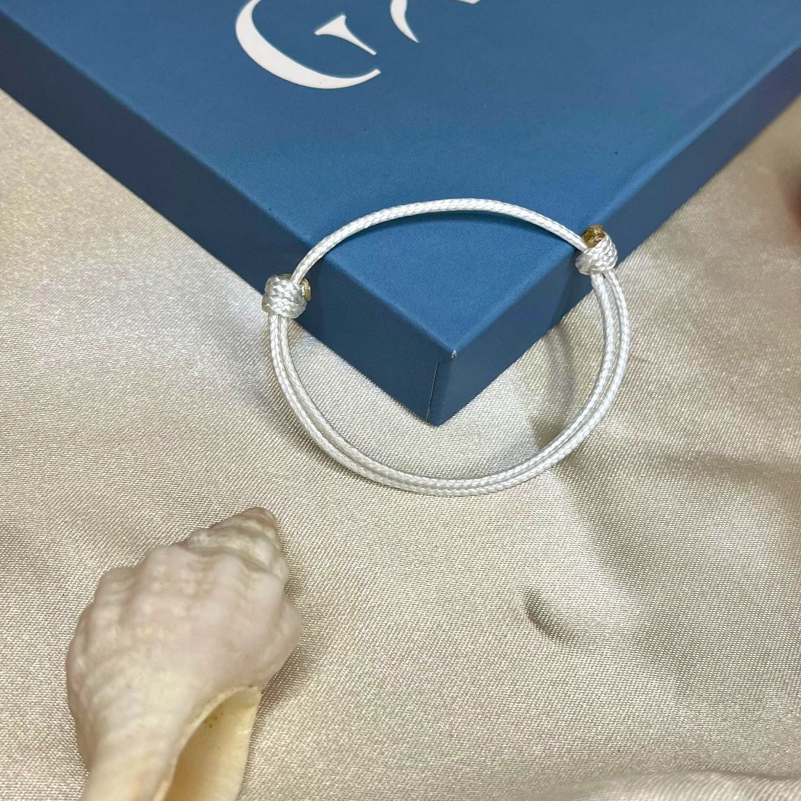 Silver bracelet on a blue box with 'Gala' branding, next to a shell on a beige surface.