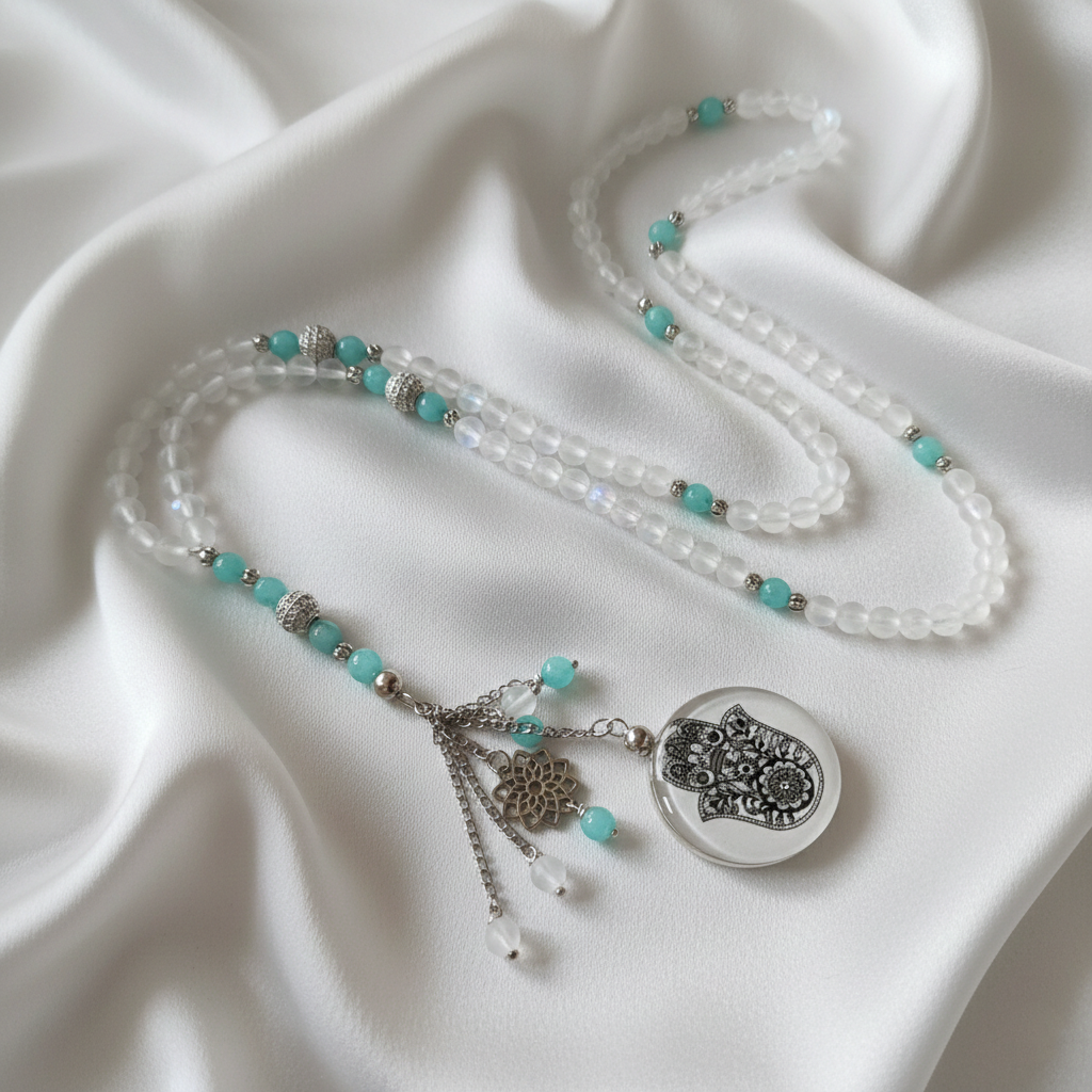 Necklace with turquoise beads and silver charms on a white fabric background