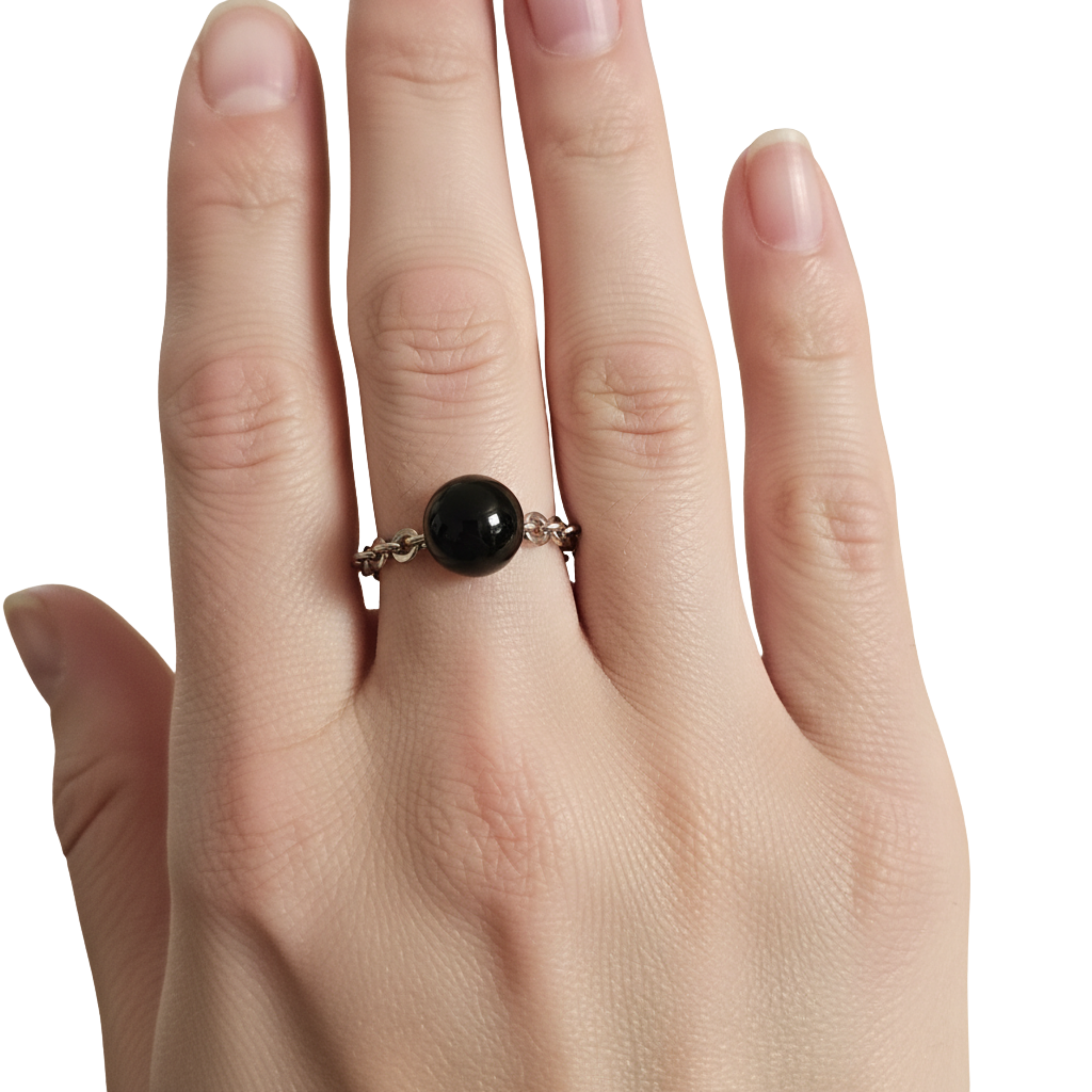 The Onyx Ring features a bold, clean design with an 8mm round Onyx stone set inside a stainless-steel chain that forms a modern, flexible band.
