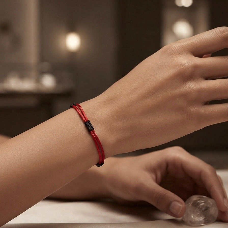 Wrist wearing a minimal red cord bracelet with black wrapped knot details.