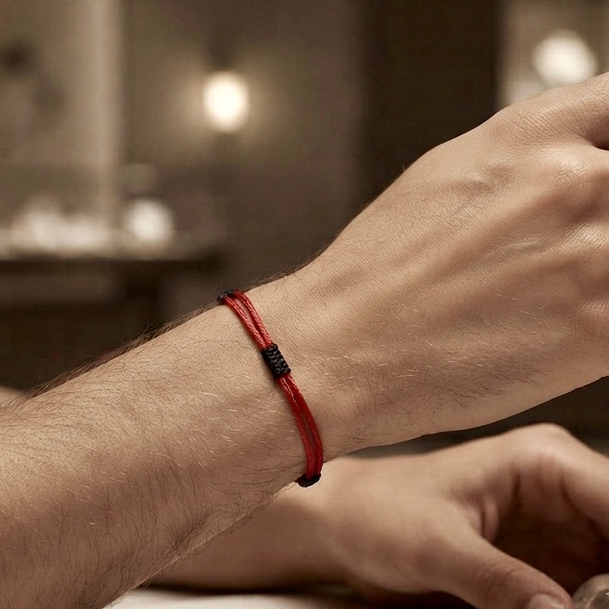 Man wearing a minimal red cord bracelet with black wrapped knot details.