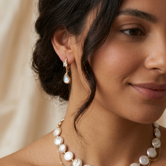 Woman wearing a pearl necklace and earrings with a neutral background