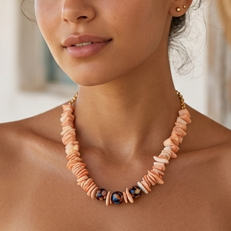Woman wearing a necklace with a beach and wooden structure in the background