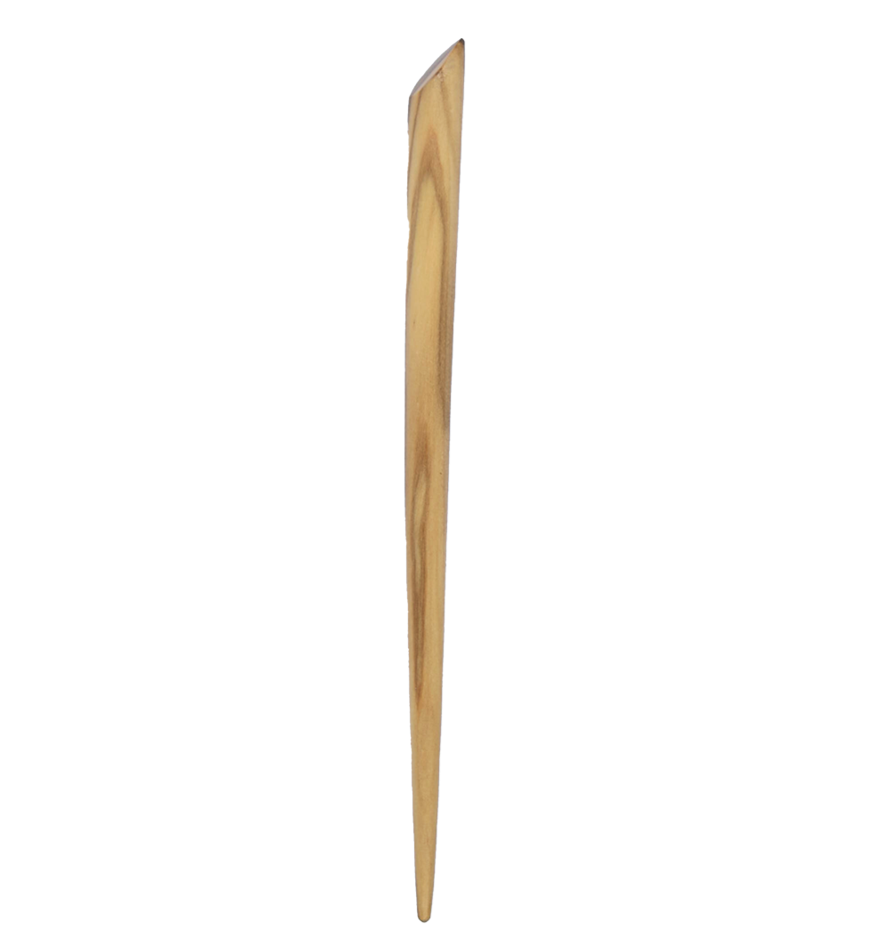 Hand-carved olive wood hair stick with natural grain, designed as a lightweight, elegant leaf for securing hairstyles.