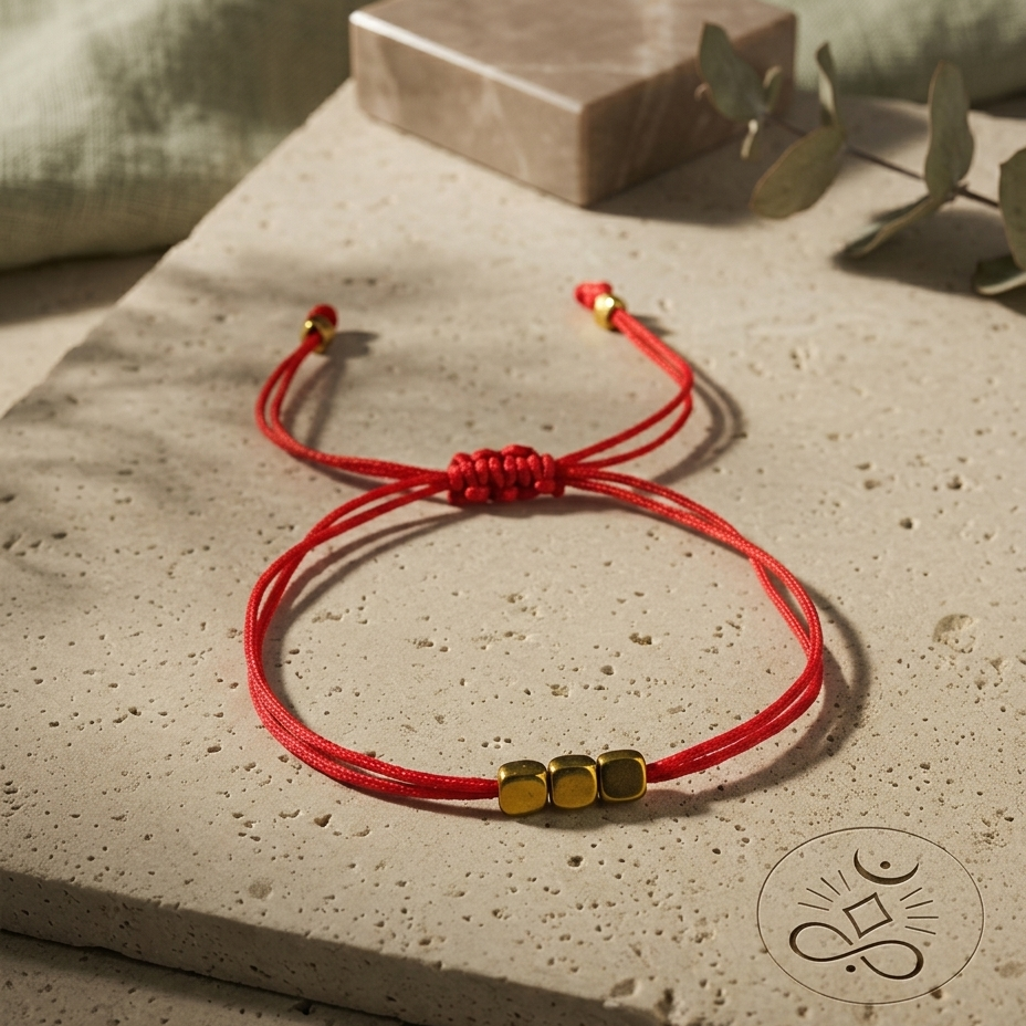 Red bracelet with gold beads on a textured surface