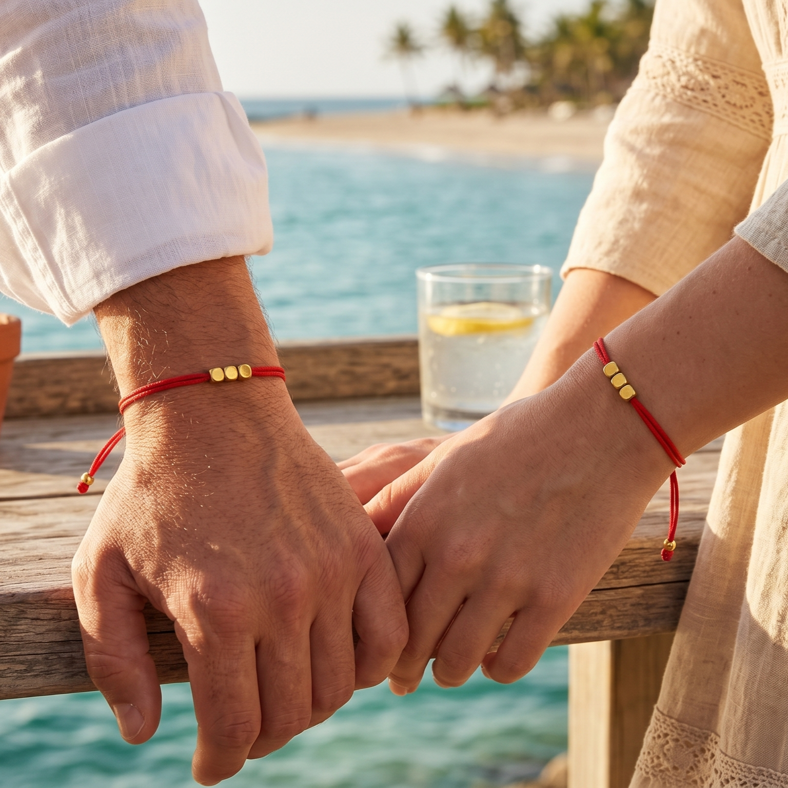 Two people holding hands with red bracelets by a waterfront