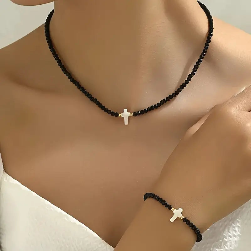 Necklace + Bracelet Minimalist Cross Jewelry Set