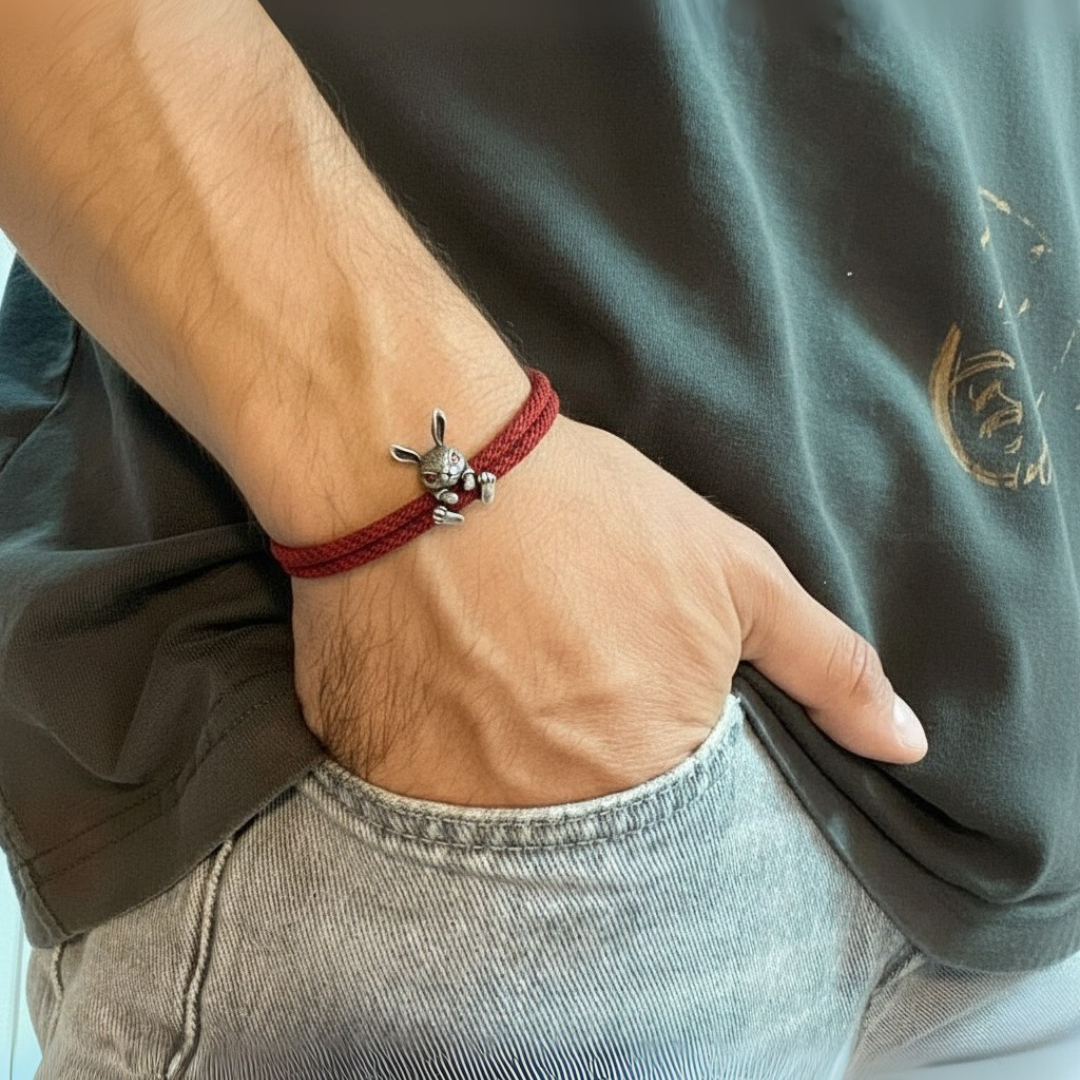 Close-up of a wrist wearing a red bracelet with a silver charm, against a dark shirt background.